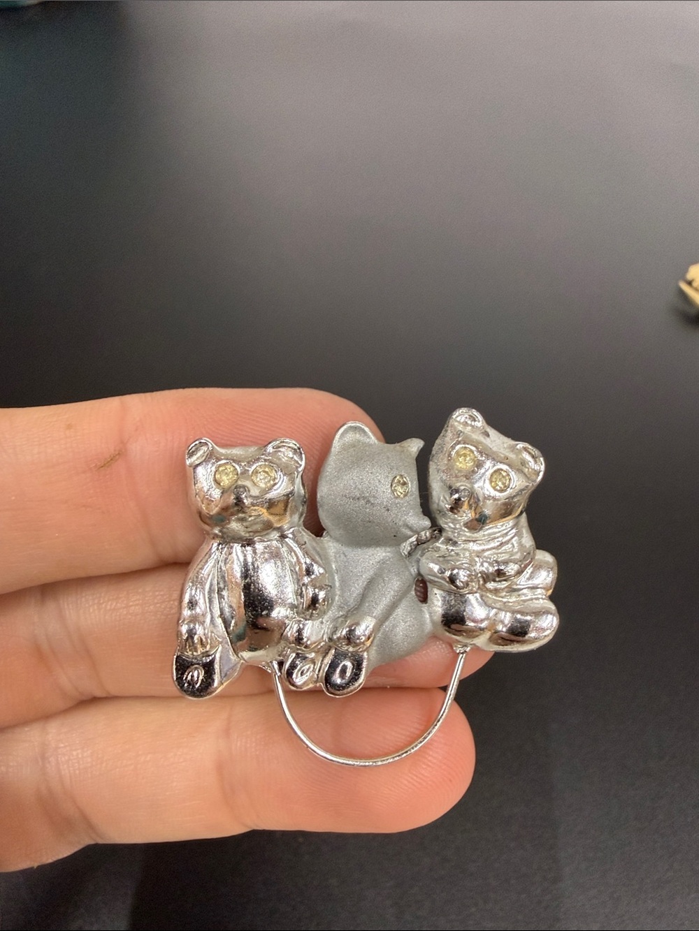 Silver-Tone Trio Animal Brooch Pin - Silver Cat and Bears